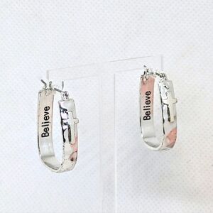 Silver Tone Hoop Earrings With Cross Believe Inscription Spiritual Motivational